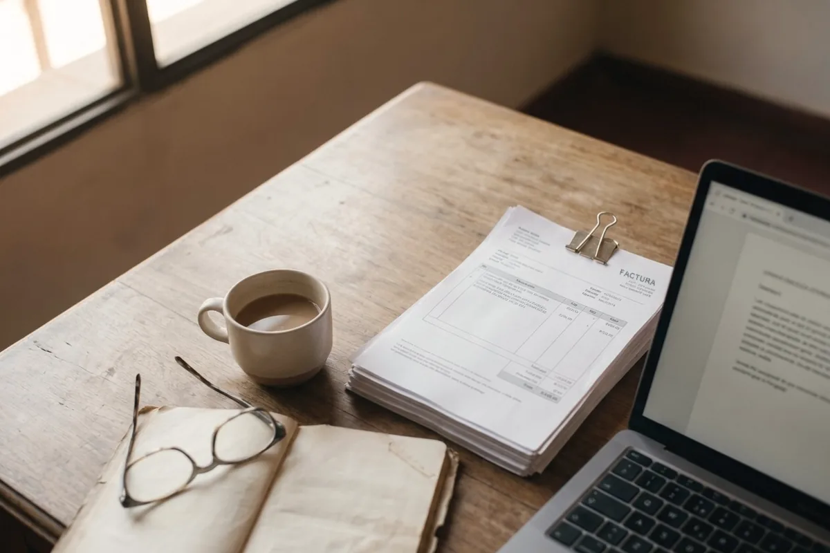 Escritorio de un contador con una pila de facturas, un café y una notebook